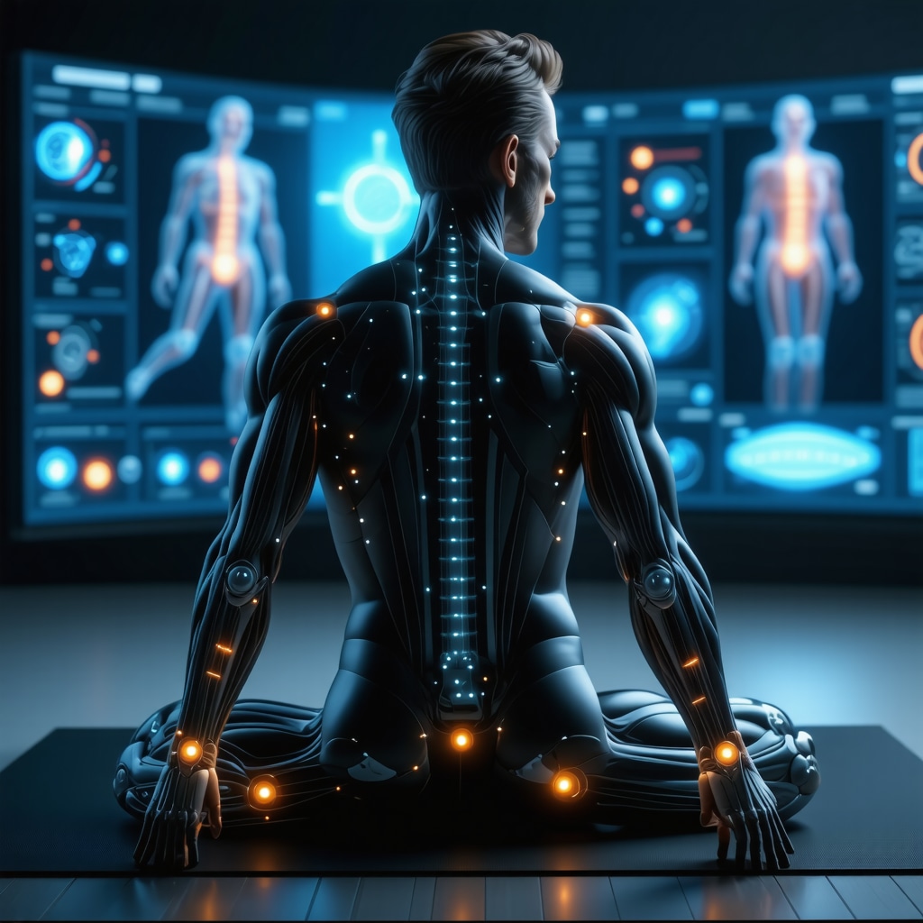 Patient equipped with AI-powered wearable sensors and digital biomechanical data display for orthopedic flare-up monitoring