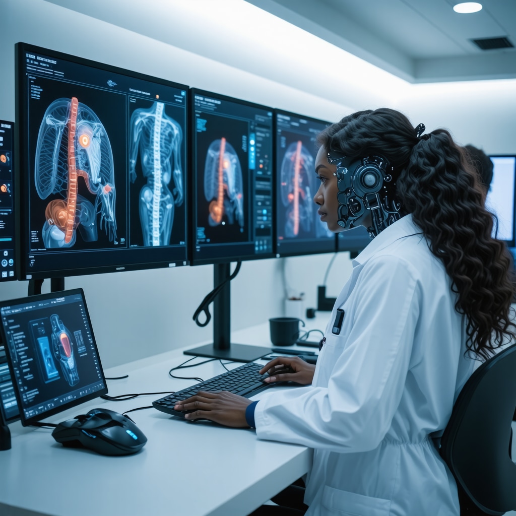 Orthopedic doctors using AI-powered digital coding tools with ICD-11 interface in a futuristic clinical setting