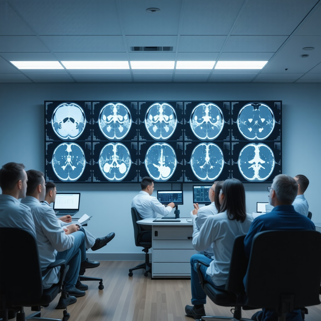 Orthopedic specialists using AI technology to analyze spinal imaging in a Bergen County clinic
