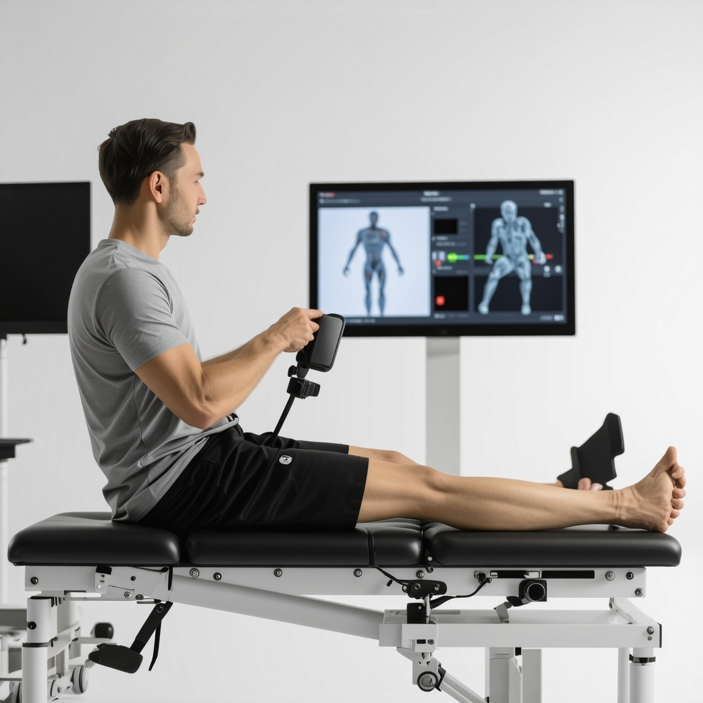 Orthopedic patient using wearable sensors with AI-driven movement analysis in a clinical therapy environment