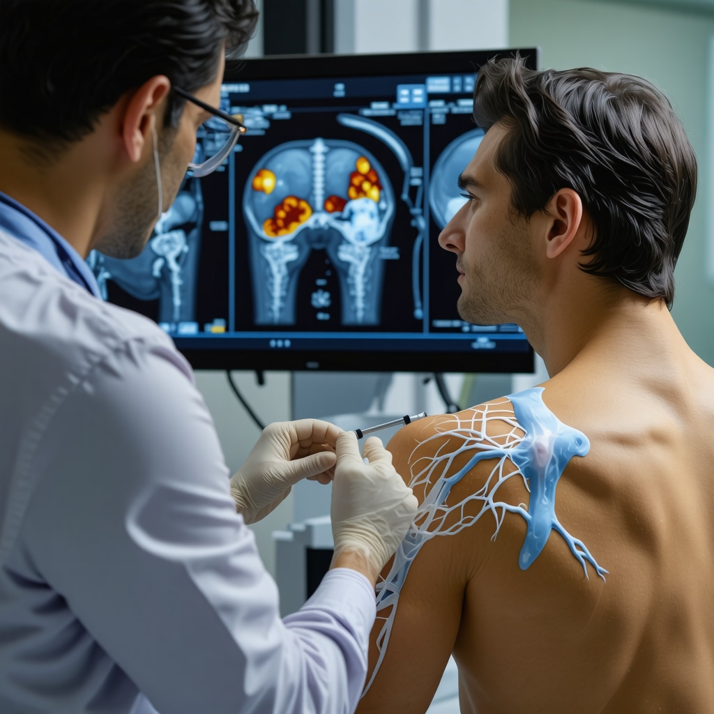 Orthopedic specialist performing AI-assisted ultrasound-guided trigger point injection with digital nerve pathway overlays