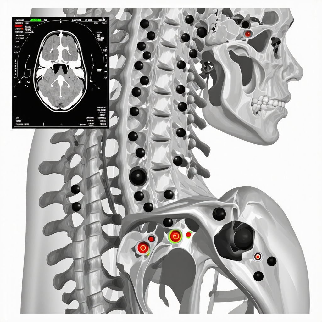 Medical illustration depicting AI analysis, wearable sensors, and regenerative treatment in spinal decompression