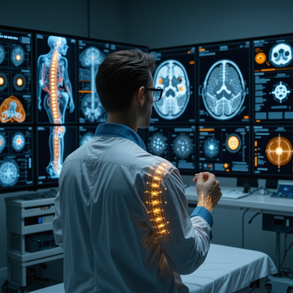 Doctor reviewing AI-based spinal imaging and biomarker data with wearable sensor technology in orthopedic spine care