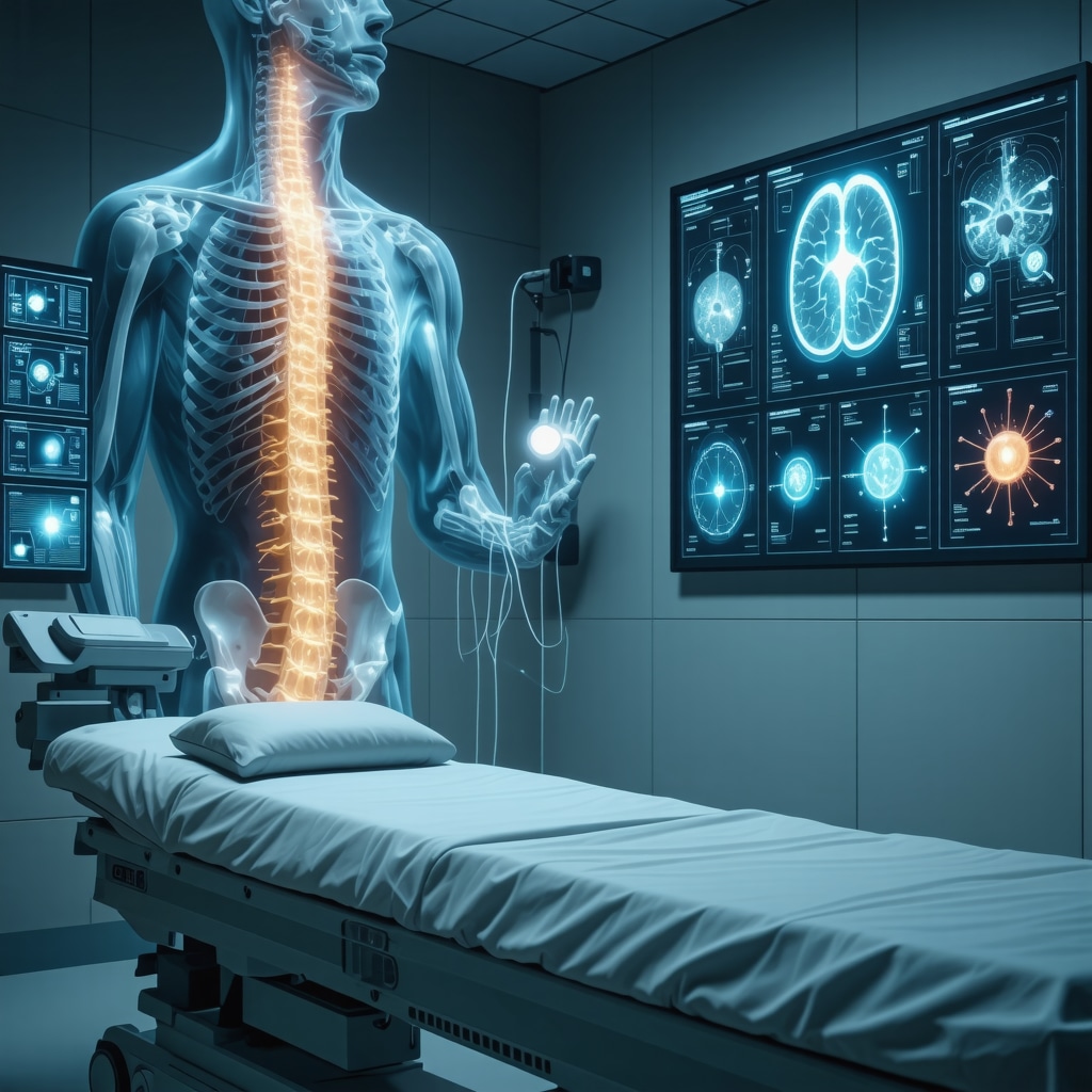 Illustration of AI-driven spinal imaging combined with nanotechnology drug delivery for non-surgical back pain management