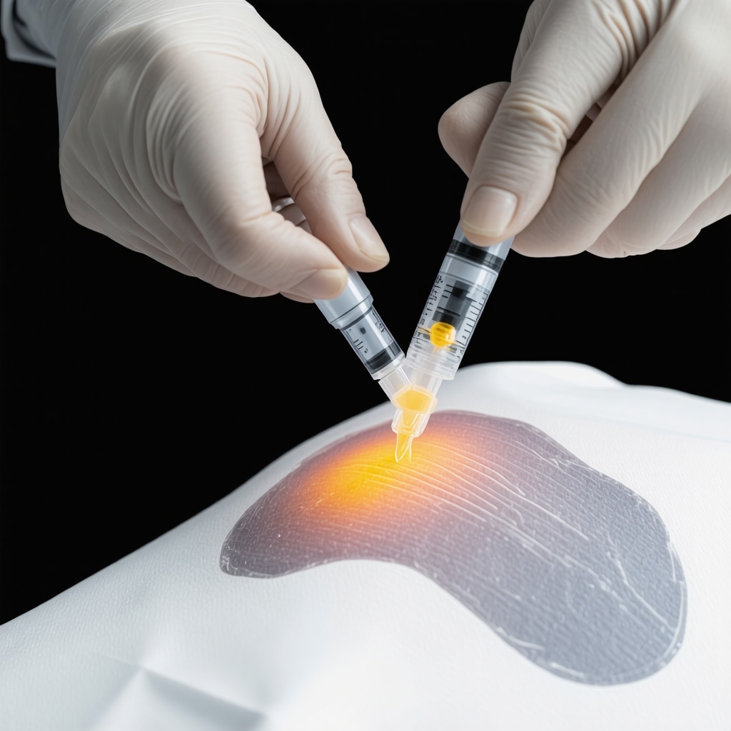 Clinician performing AI-enhanced ultrasound-guided nerve block with nanotechnology drug delivery visualization