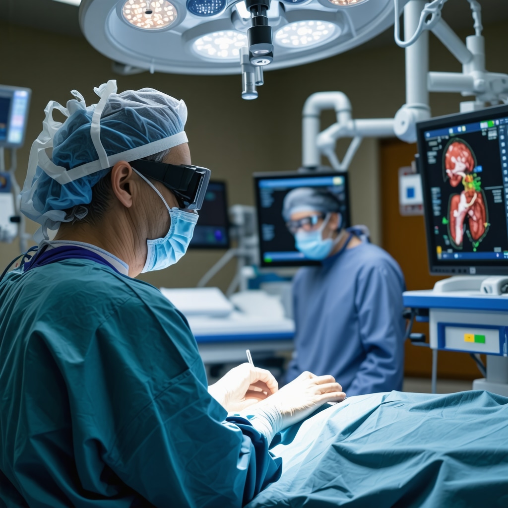 Orthopedic surgeon using AI and augmented reality technology during surgery with patient wearable monitors