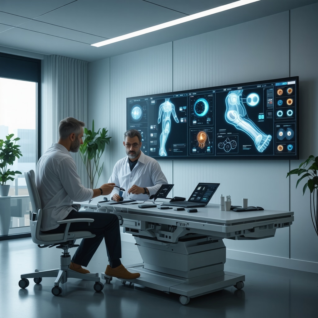 Orthopedic specialist reviewing AI biomechanical data with patient wearing wearable sensors in New Jersey clinic