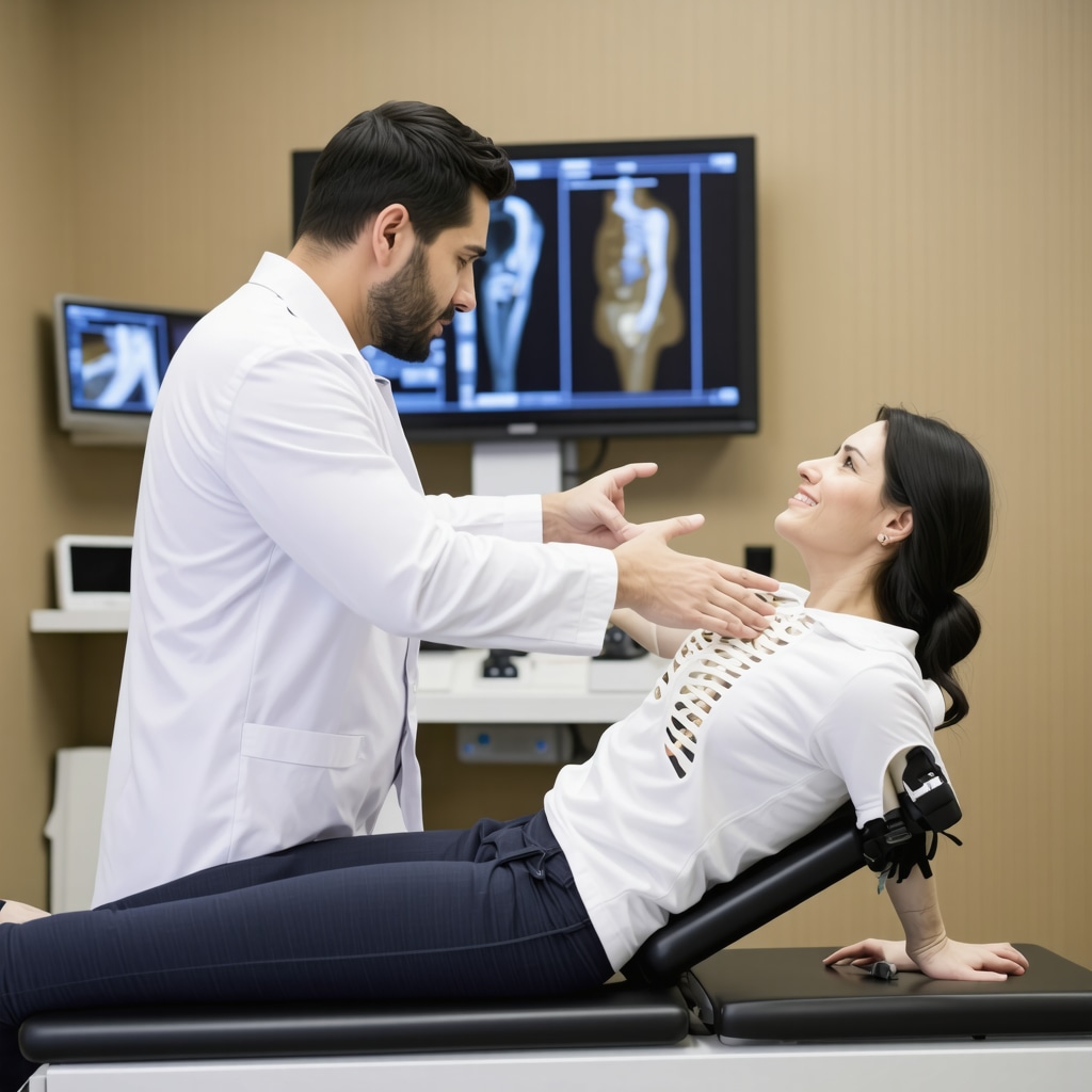 Orthopedic specialist performing 3D spinal motion analysis on patient in clinic