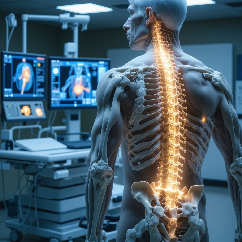 AI spinal diagnostic technology and regenerative medicine equipment in a modern orthopedic clinic