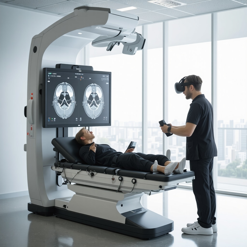Orthopedic clinic room with functional MRI, wearable posture sensors, and VR rehabilitation for back pain