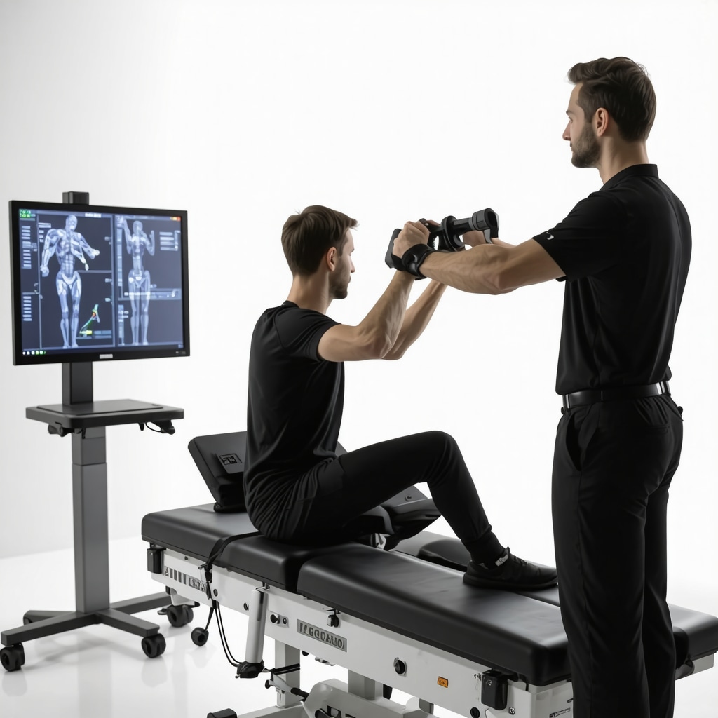 Patient undergoing 3D motion capture and biomechanical analysis for rotator cuff rehabilitation in a clinical setting
