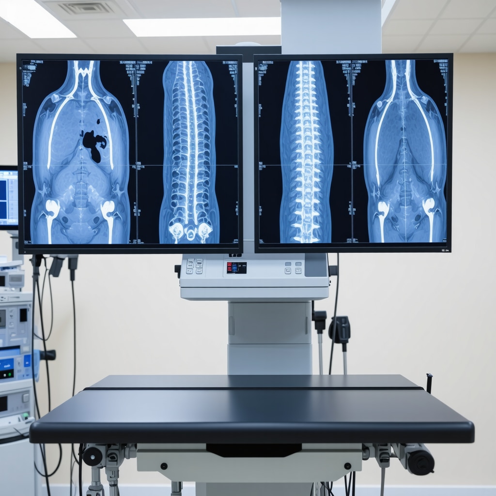Medical imaging machines displaying dynamic fluoroscopy and ultrasound images of the cervical spine