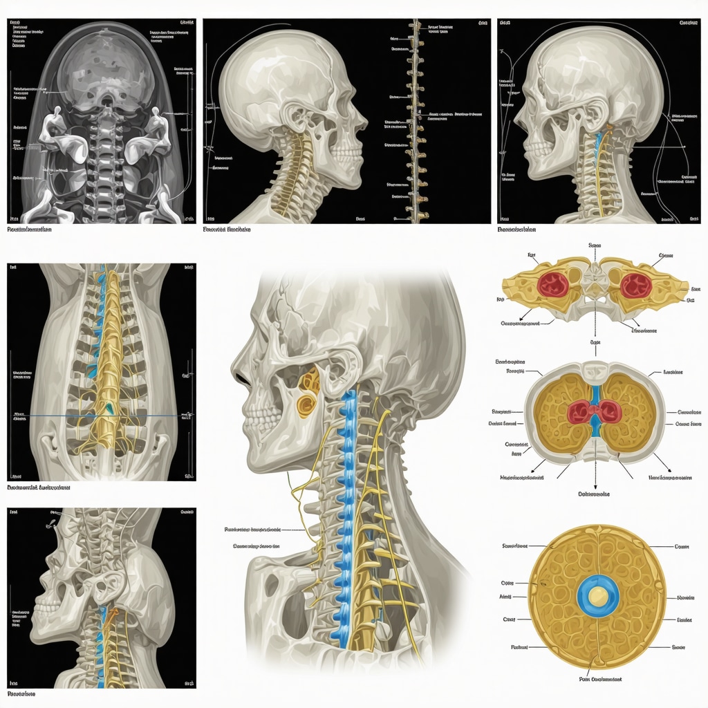 Medical illustration depicting advanced cervical spine diagnostics and regenerative therapies