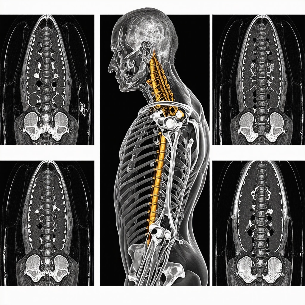 Illustration showing aging spine anatomy with advanced imaging tools highlighting degenerative changes