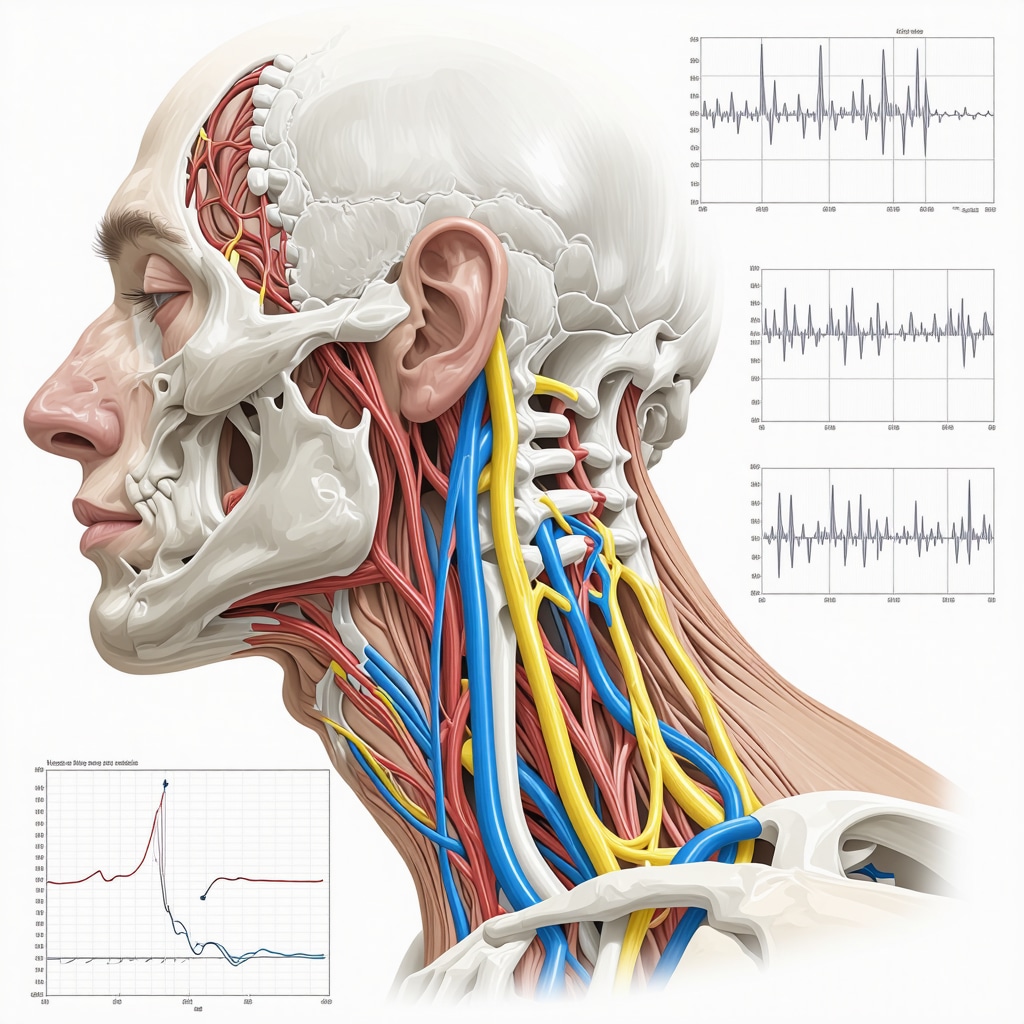 Anatomical illustration of cervical spine with pinched nerve and diagnostic overlays