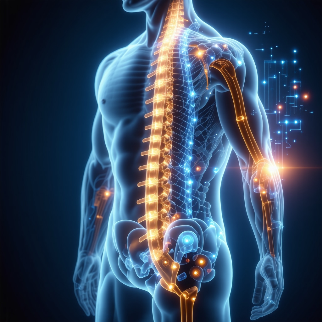 Illustration of human spine with digital overlays and neuromodulation devices representing advanced non-surgical back pain therapies