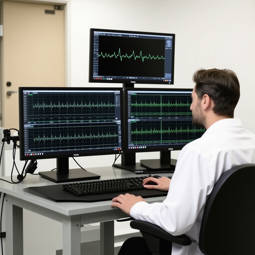 Clinician reviewing detailed nerve conduction study graphs on high-tech EMG and NCS equipment in orthopedic neurodiagnostic lab