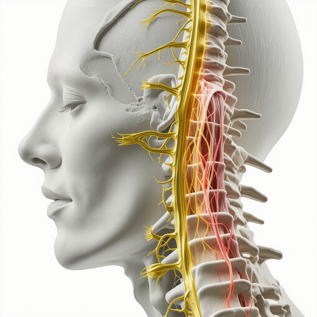 Medical illustration of human spine with advanced imaging techniques highlighting herniated disc