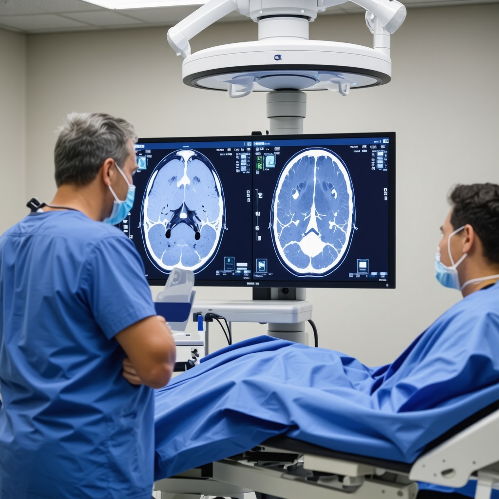 Orthopedic surgeon reviewing 3D MRI scans with patient in modern surgical consultation room