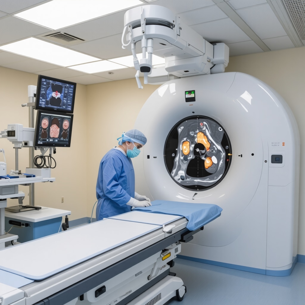 Orthopedic surgeon performing laser spine surgery with 3D fluoroscopy and MRI guidance in a modern surgical suite