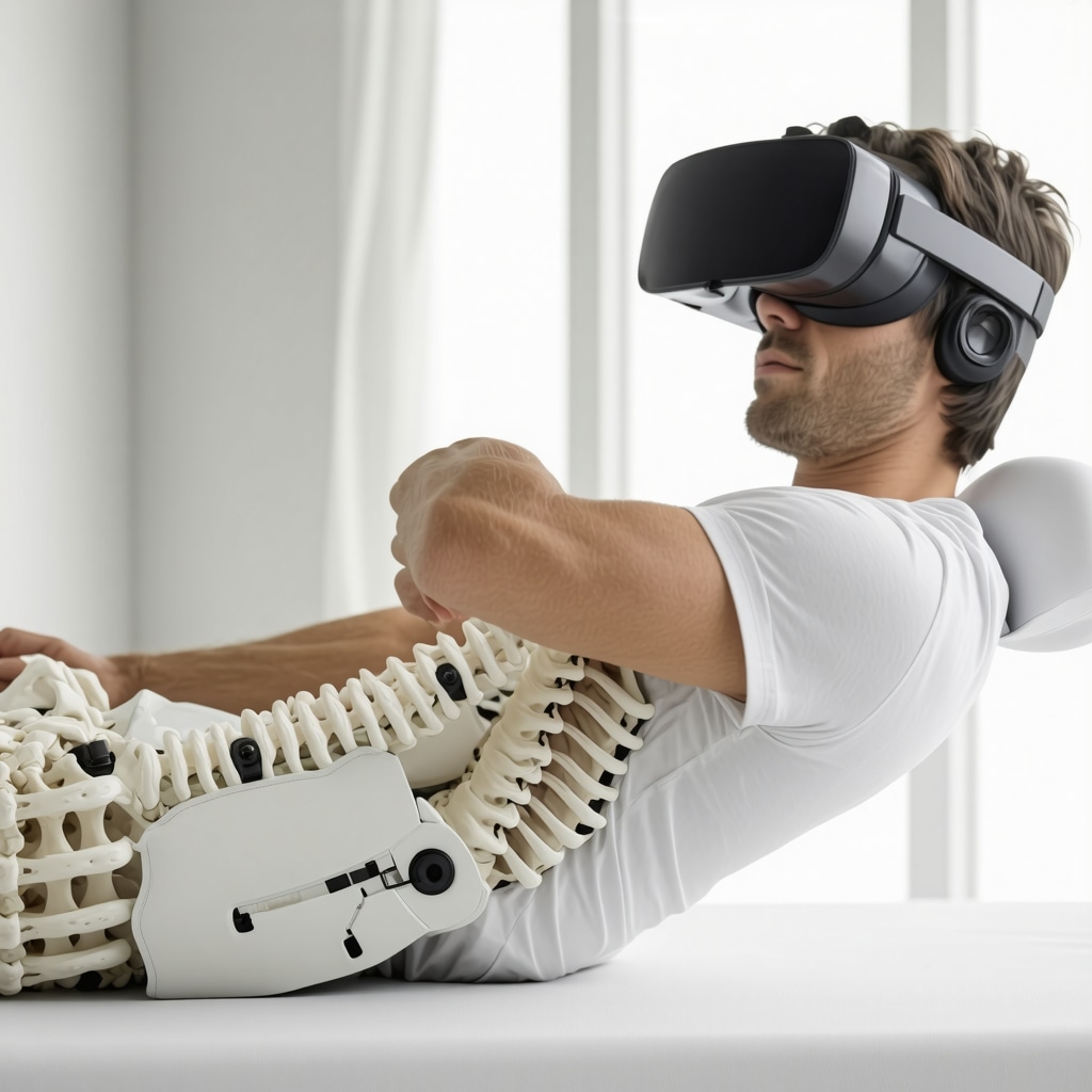 3D illustration of lumbar spine with highlighted facet joints and smart orthopedic brace with sensors, patient doing VR-based exercises