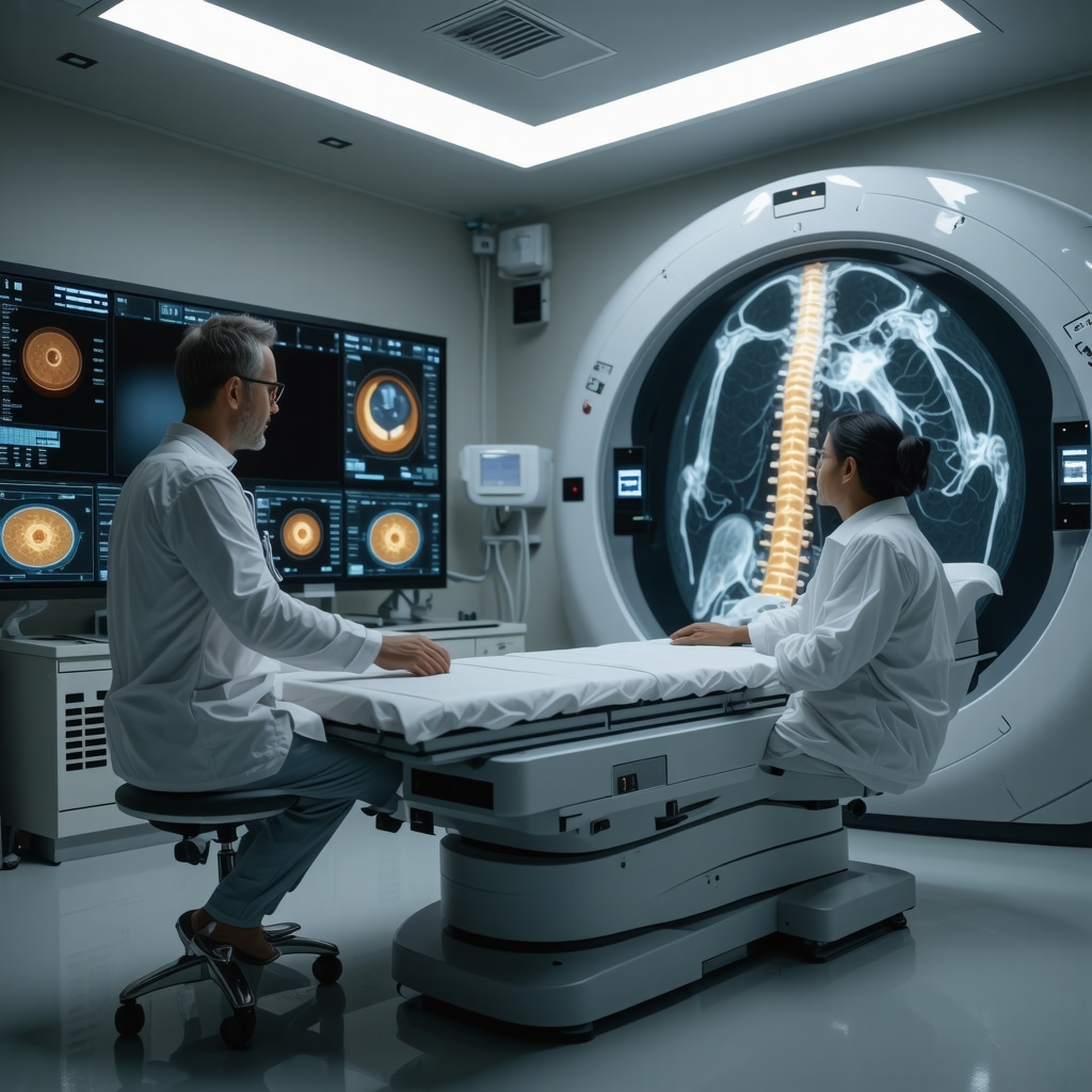 Orthopedic specialist reviewing advanced MRI scans of spinal nerves and discs in a high-tech clinic
