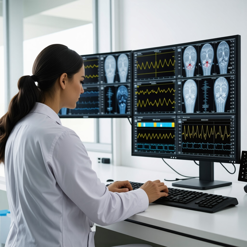 Clinician analyzing high-density EMG and NCS data on multiple monitors in a modern orthopedic neurodiagnostic laboratory