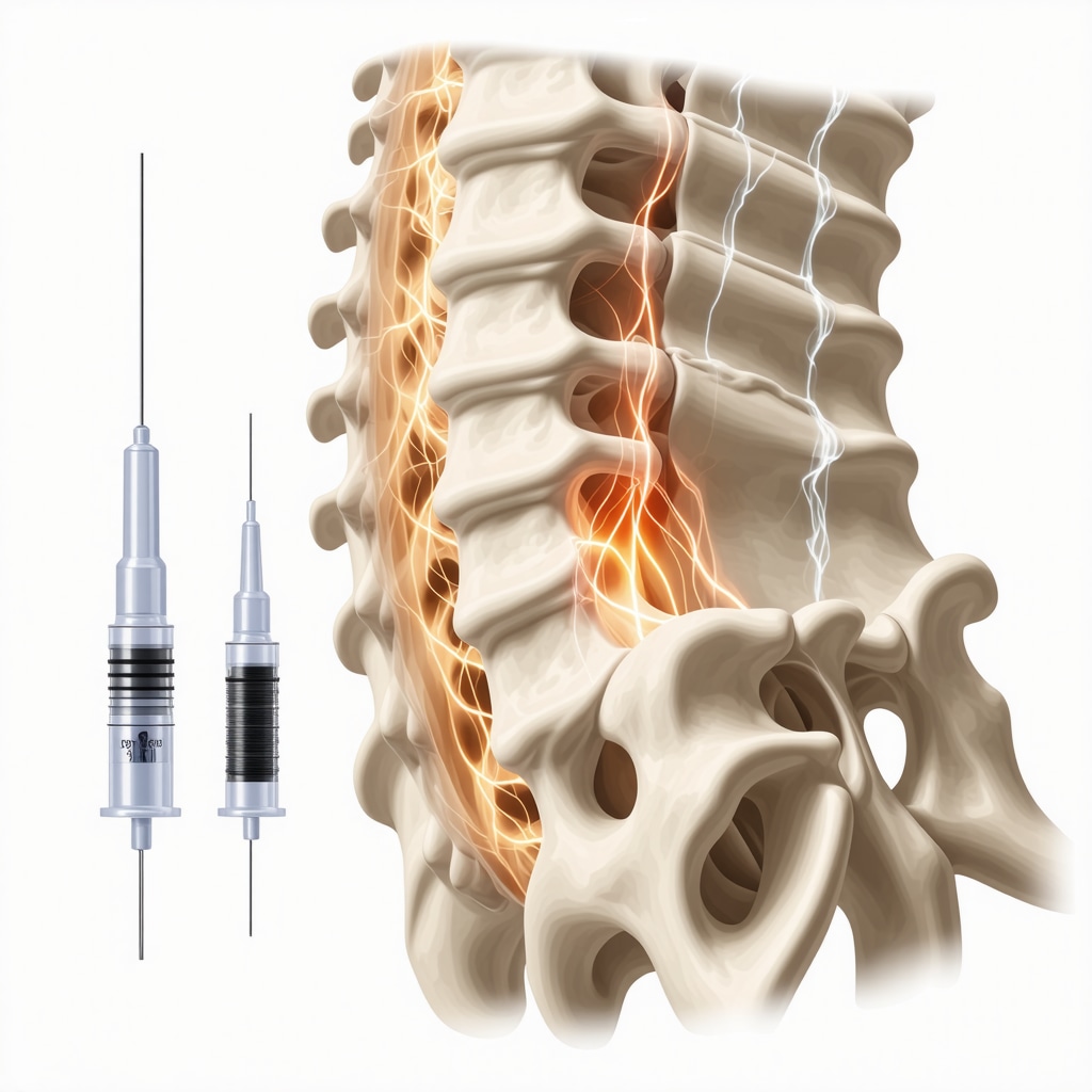 Medical illustration of spinal cord stimulation device and regenerative orthopedic injections for back pain
