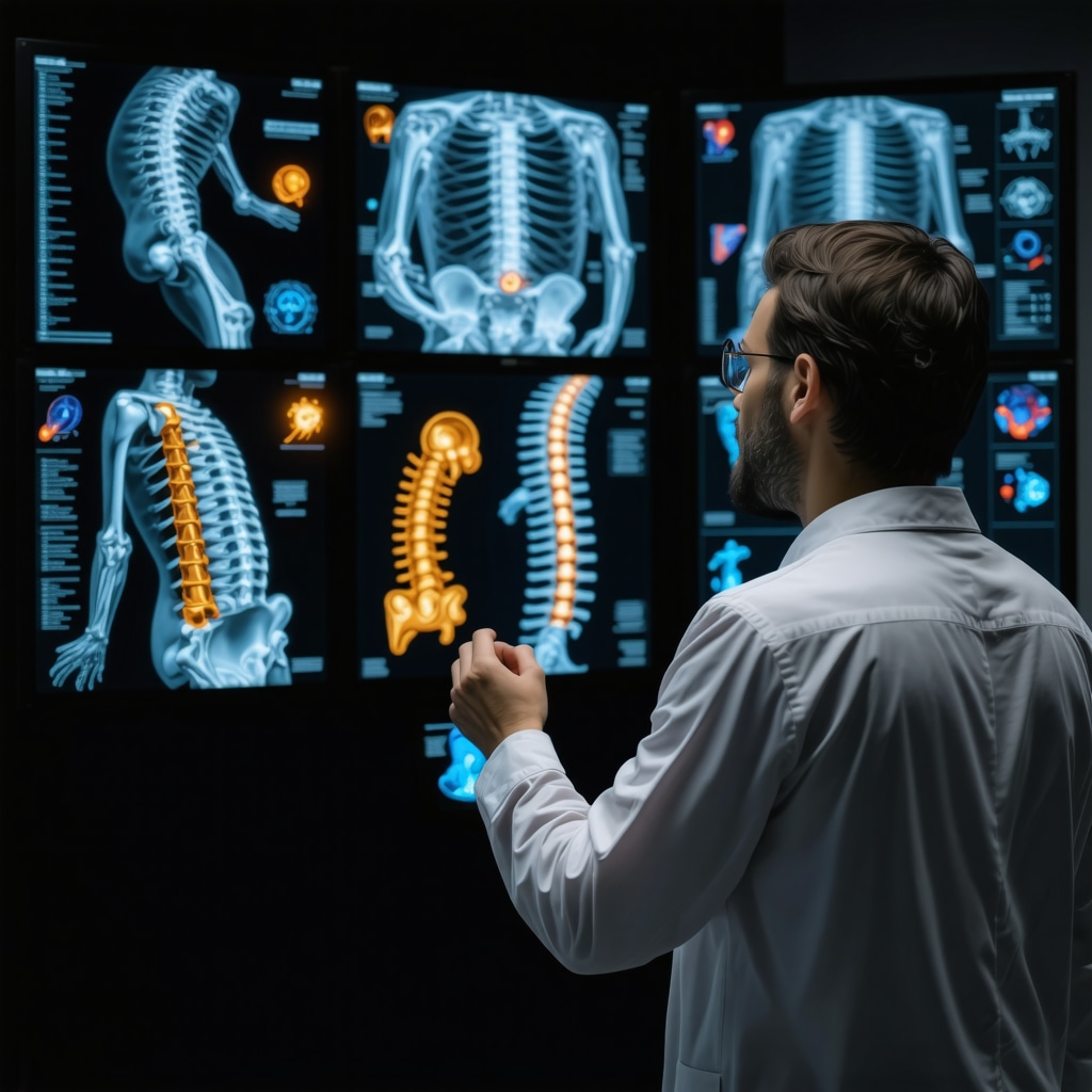 Orthopedic specialist using AI diagnostic tools with models of spinal stabilization devices and neuroplasticity therapy illustrations