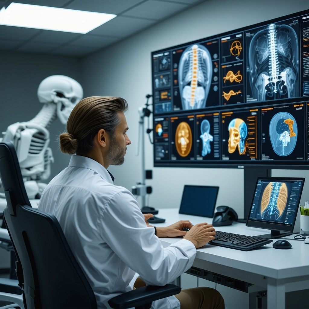 Orthopedic specialist reviewing biomechanical models and neuroimaging data for whiplash treatment