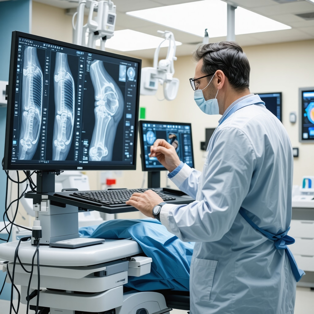 Orthopedic surgeon using AI diagnostic tools and patient engaging in tele-rehabilitation with wearable sensors