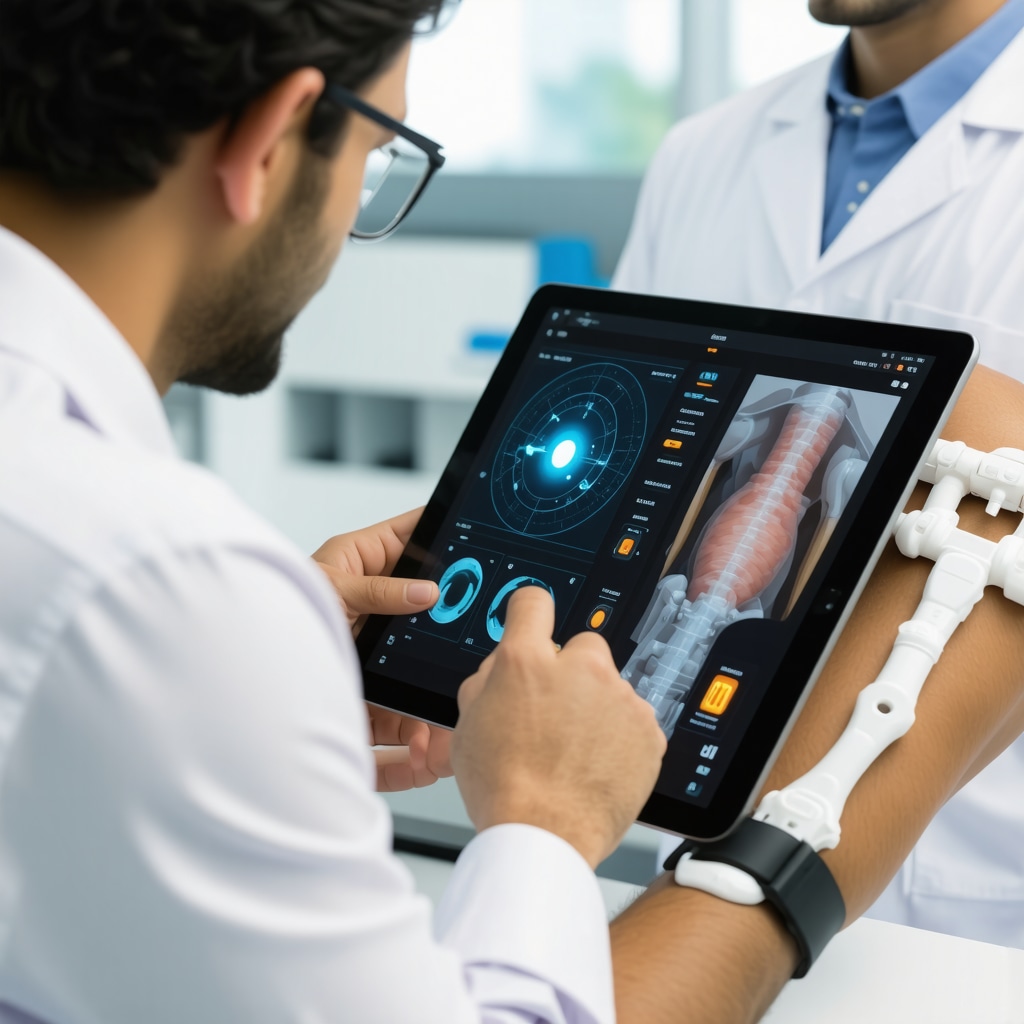 Orthopedic doctor using AI software and wearable sensors for precise work injury documentation