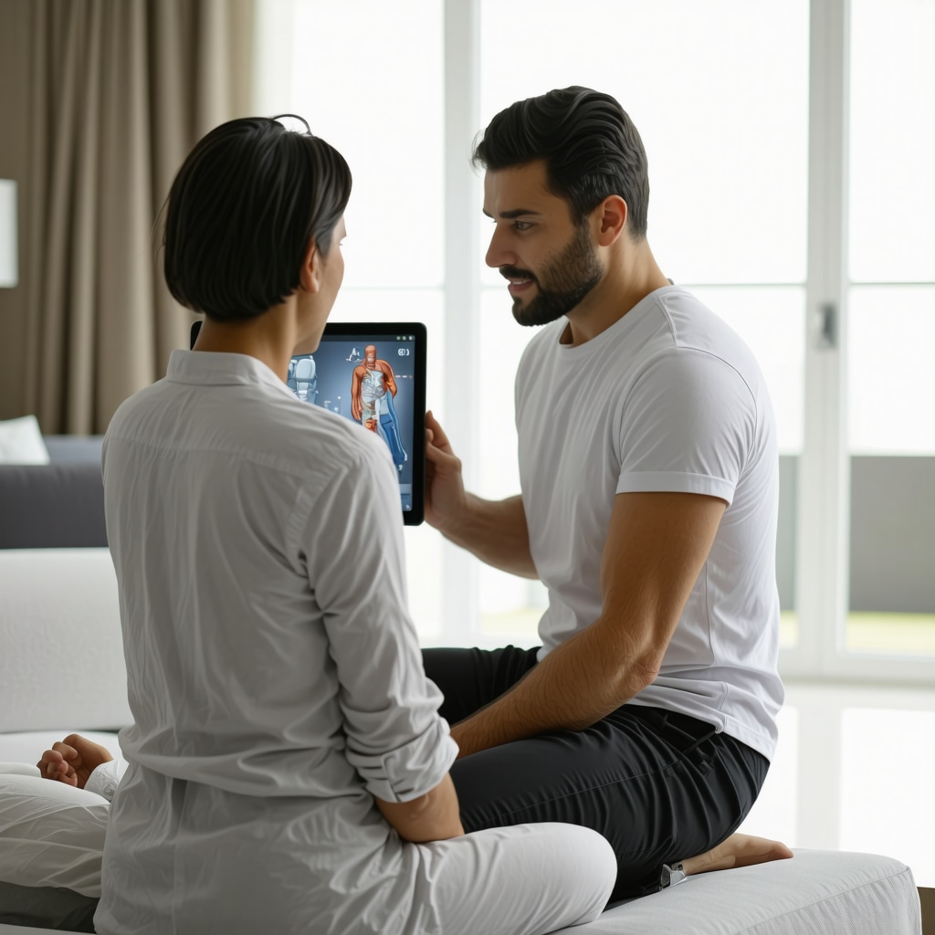 Patient using wearable orthopedic devices and telehealth consultation for sciatica treatment at home