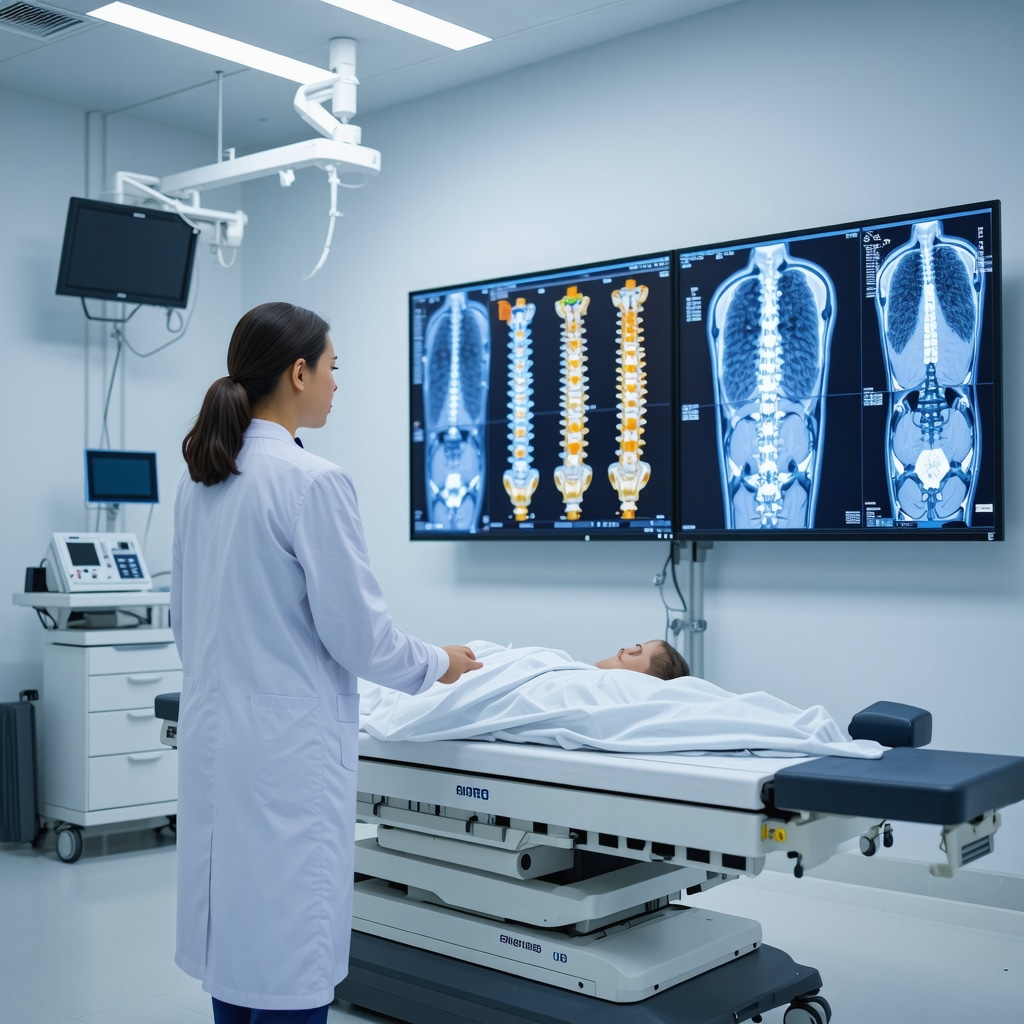 Orthopedic clinic scene with dynamic MRI scans and modern spinal braces equipped with sensors