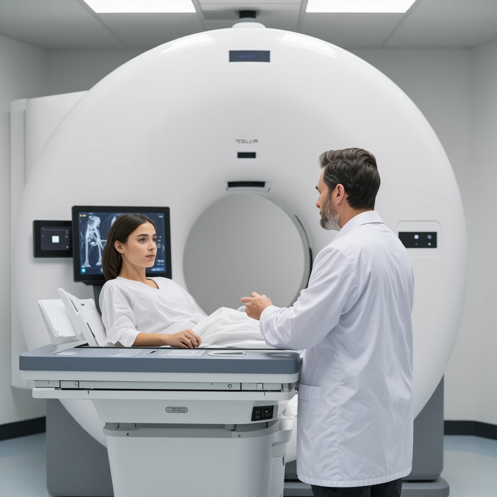 Orthopedic specialist reviewing 7-Tesla MRI scans with patient using digital health tools in a modern clinic