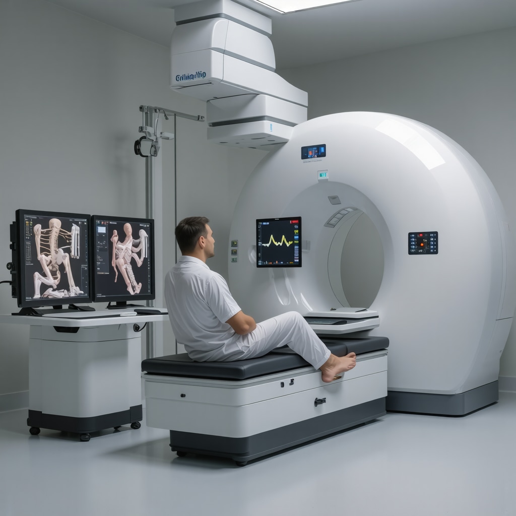 Orthopedic specialist reviewing 3D joint images on monitors with patient undergoing weight-bearing CT scan and wearable rehab devices in clinic