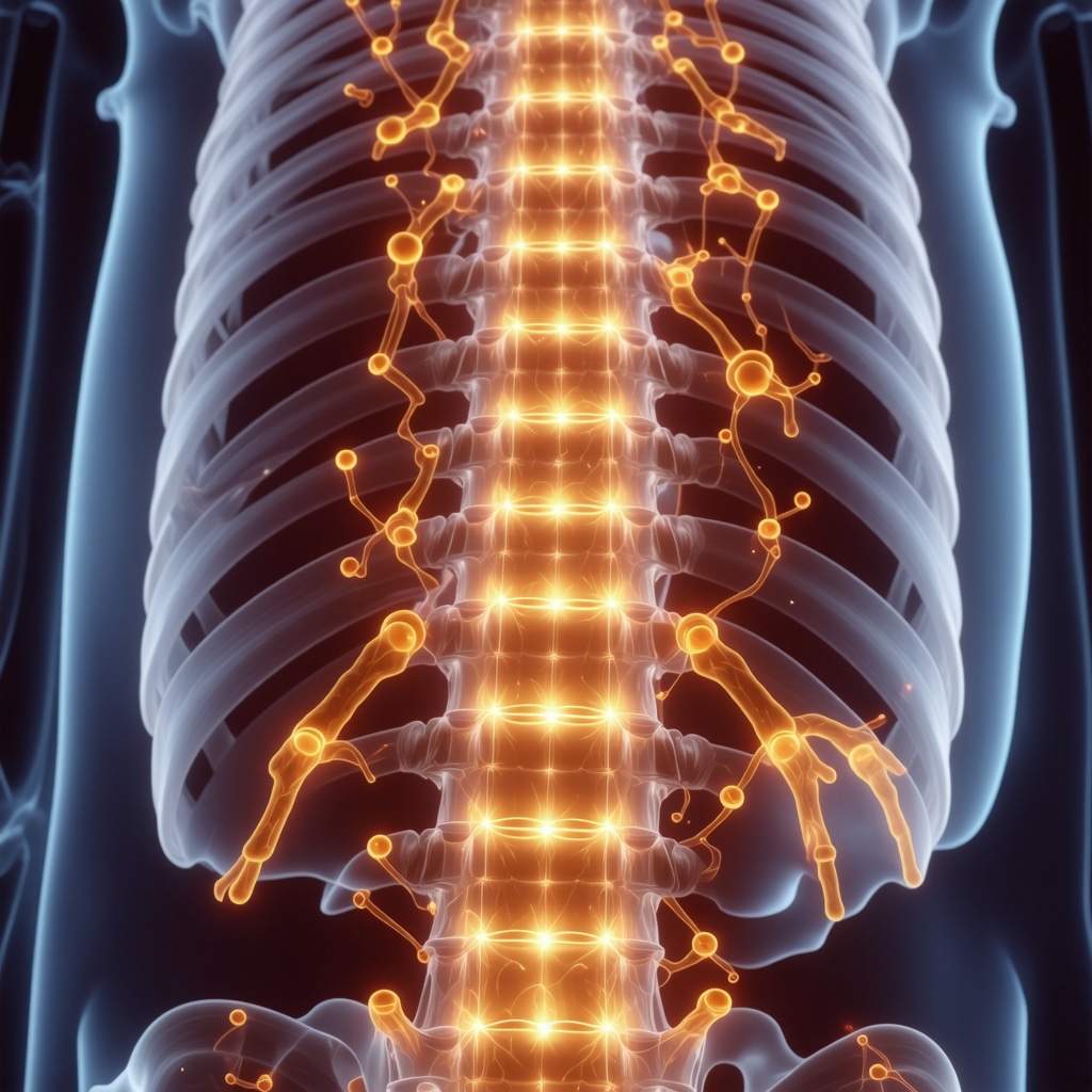 Spine illustration showing targeted orthopedic injection sites guided by advanced imaging and biomarker data