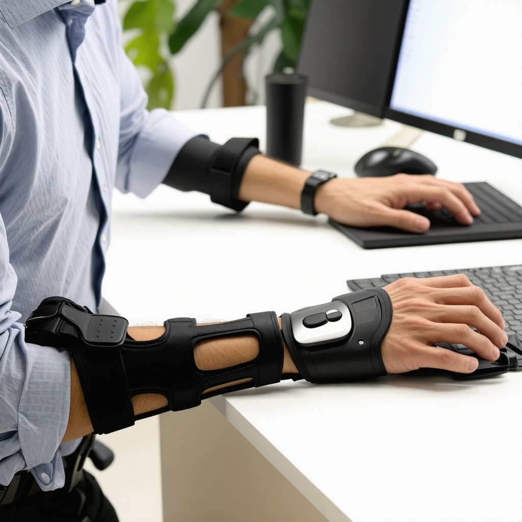 Person with custom 3D-molded wrist brace and wearable sensors at ergonomic desk for RSI management