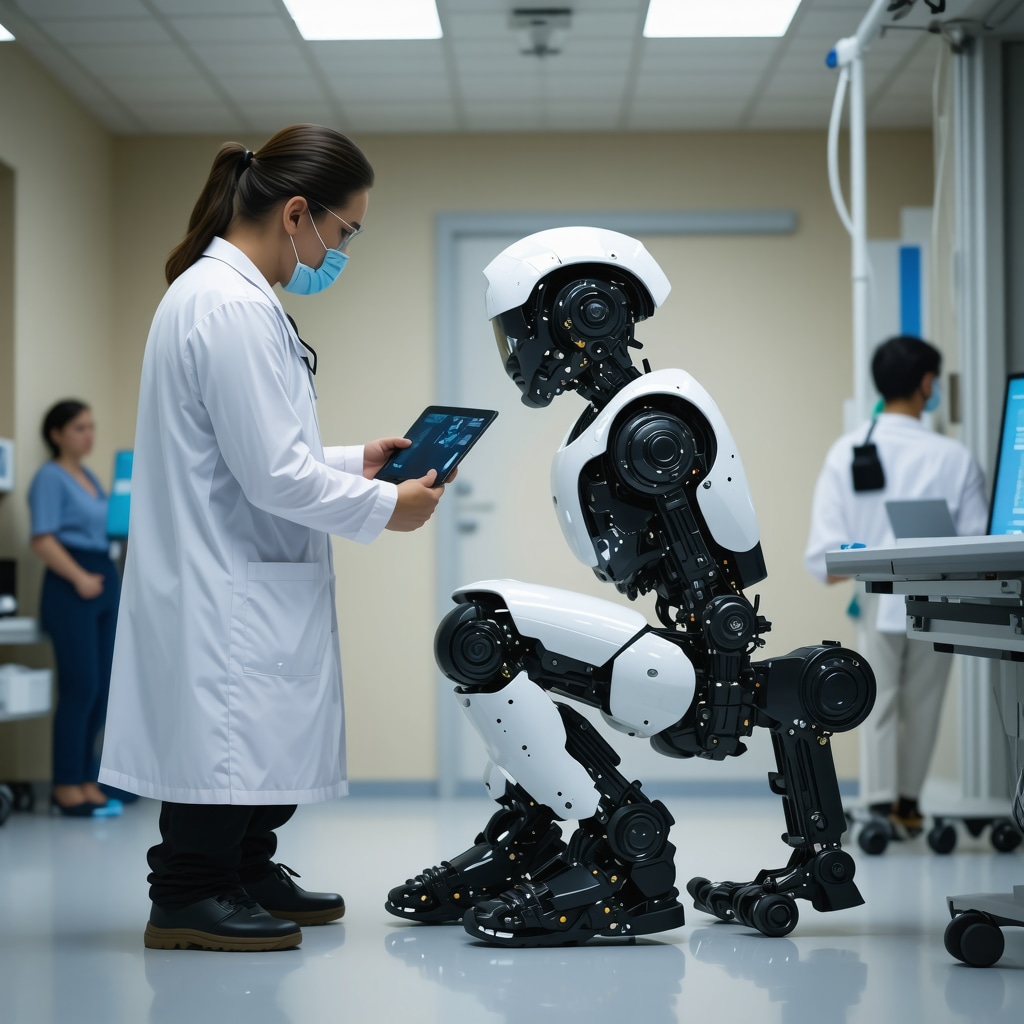 Patient undergoing orthopedic back injury rehabilitation using AI-powered wearable sensors and robotic exoskeleton