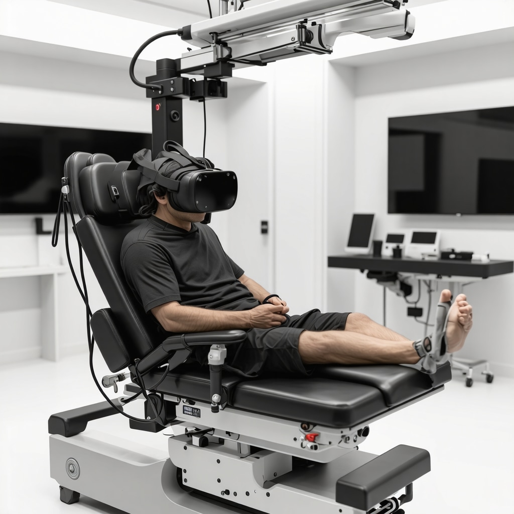 Patient undergoing virtual reality-based orthopedic rehabilitation with wearable sensors in a modern clinic