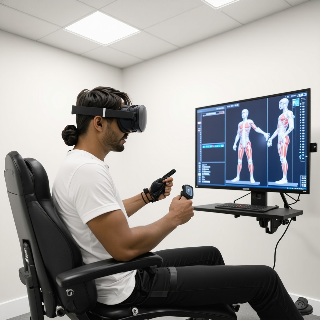 Patient undergoing orthopedic back injury rehabilitation using wearable sensors and virtual reality technology