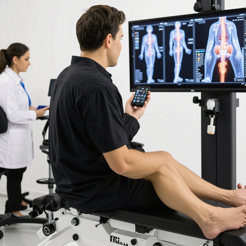Patient undergoing orthopedic rehabilitation using wearable sensors and AI data monitoring in a clinical setting