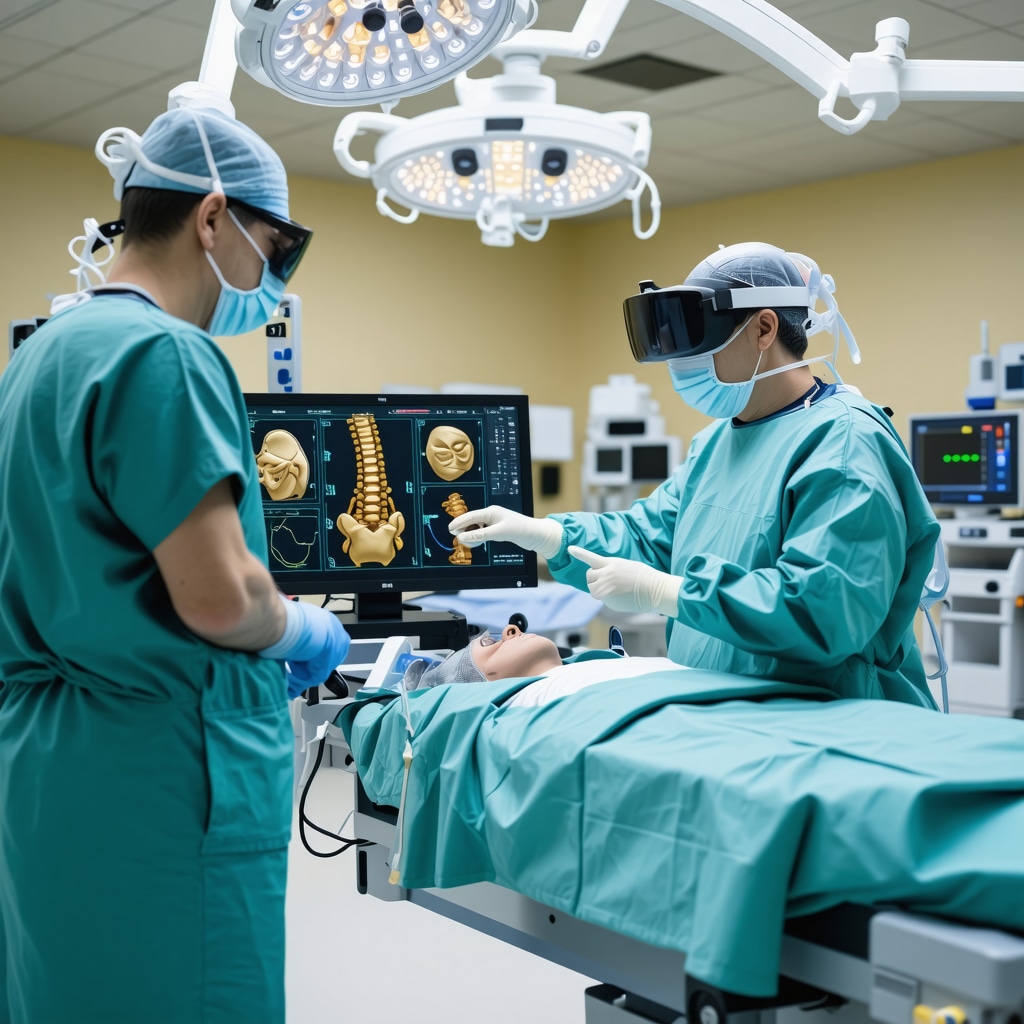 Orthopedic surgeon using genetic data and robotic tools during spine surgery alongside VR rehabilitation