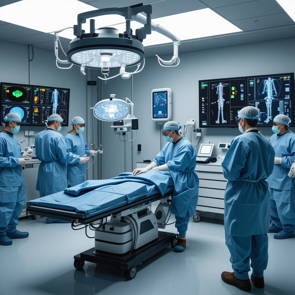 Orthopedic surgeons using AI and biomechanical modeling tools in a high-tech surgery environment with wearable devices and 3D-printed spinal implants