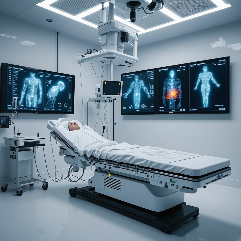 Orthopedic clinic with AI diagnostics, wearable sensors on patient, and AR surgical planning holograms