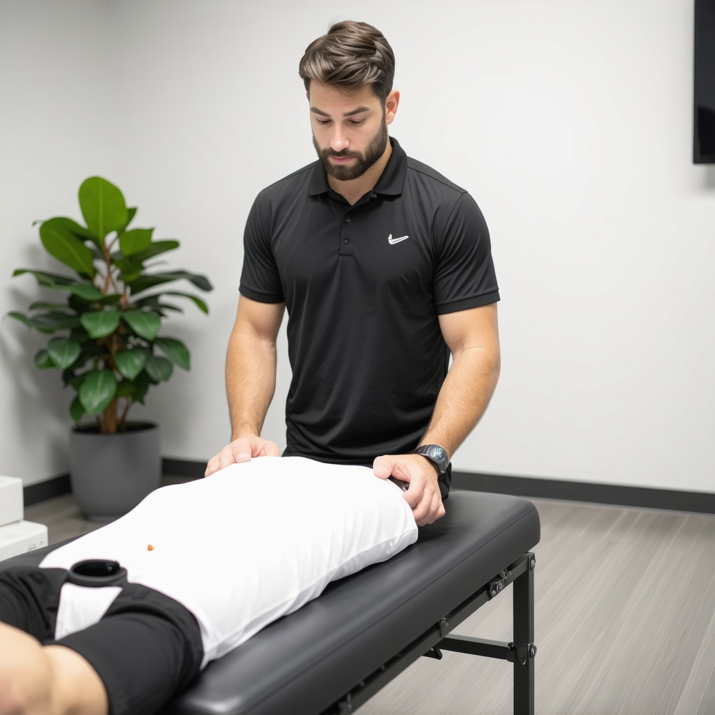 Orthopedic patient wearing wearable sensors with a clinician analyzing AI-generated motion data on a screen