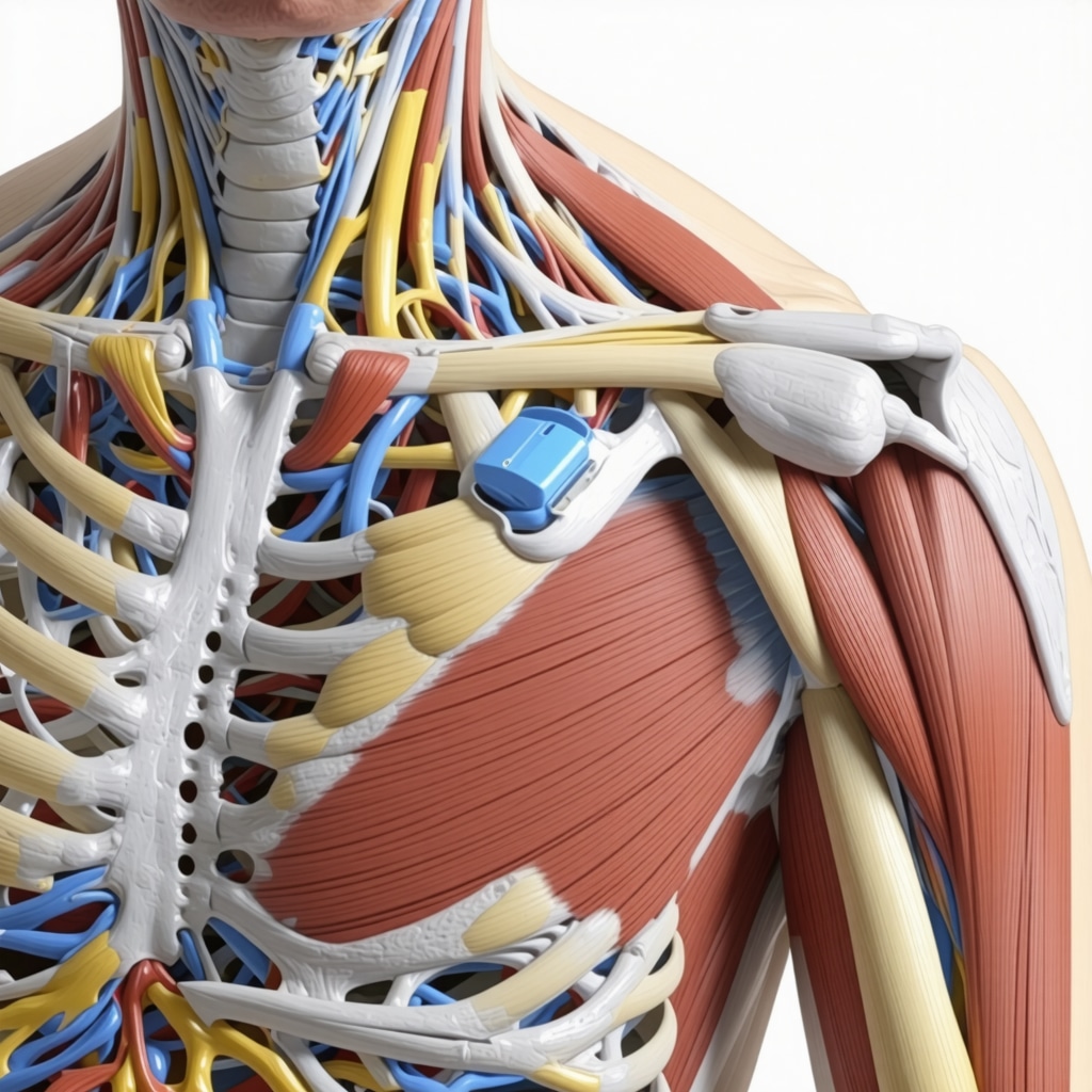 Anatomical illustration of rotator cuff with biologic injection points and wearable sensor devices for monitoring