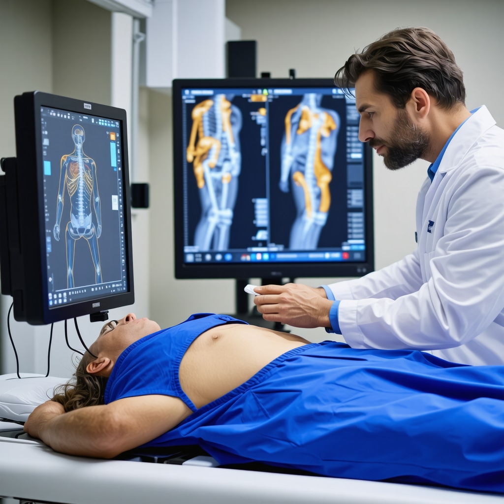 Orthopedic specialist performing dynamic ultrasound and analyzing 3D motion capture data for shoulder injury assessment