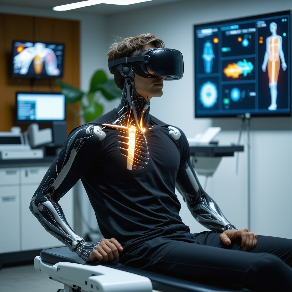 Patient using wearable sensor and VR for shoulder rotator cuff rehabilitation with digital biomechanical data display
