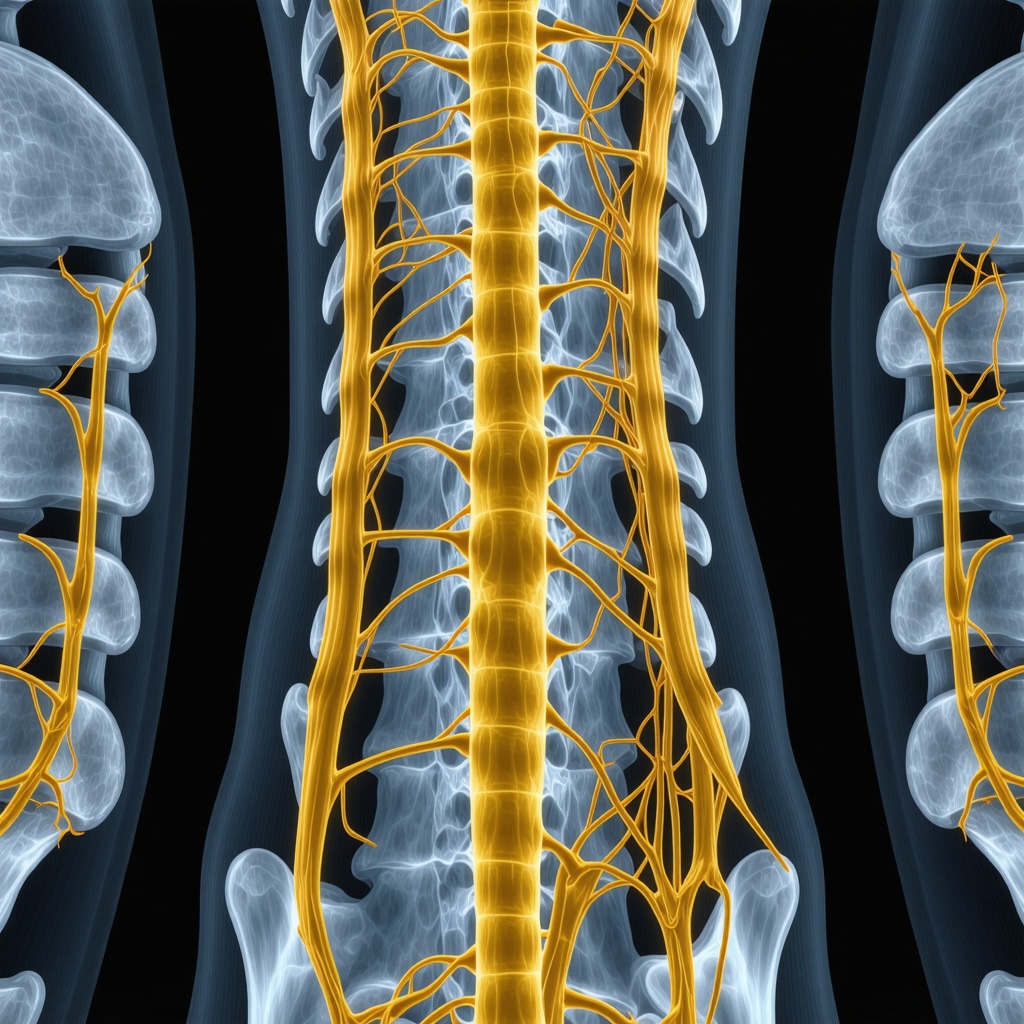 Medical illustration of spine with highlighted nerve fibers and inflammation zones using advanced imaging